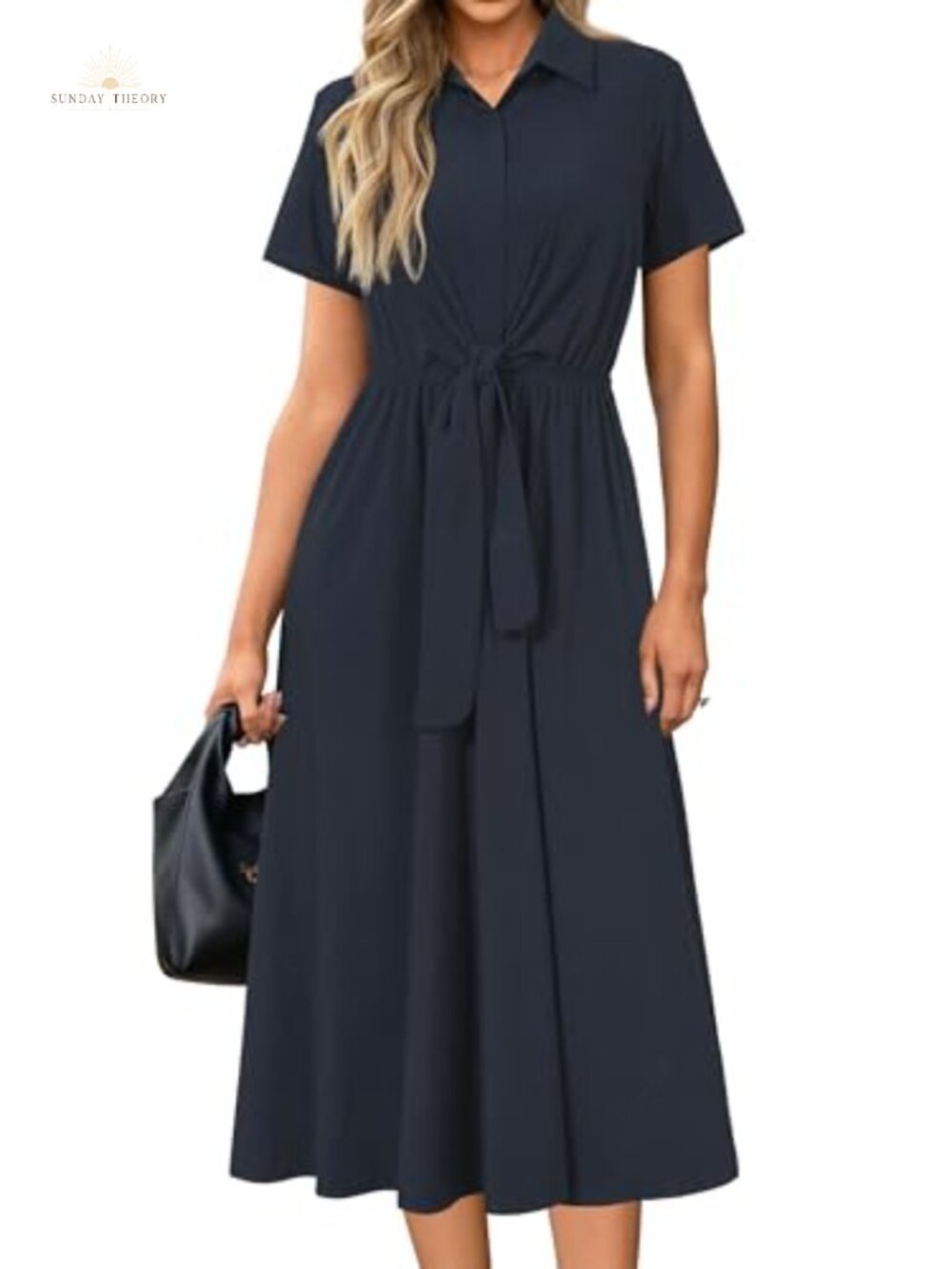 Newshows Women's Tie Waist Midi Shirt Dress - Business Casual Work Dress